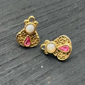 Gold and Pink Teardrop Filigree Earrings with Stones